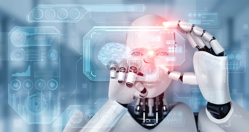 机器人类在第四次工业革命的人智能思考大脑人工智能和机器学习过程的概念中持有HUD全息图屏幕机器人类在工智能思考大脑的概念中持有H图片
