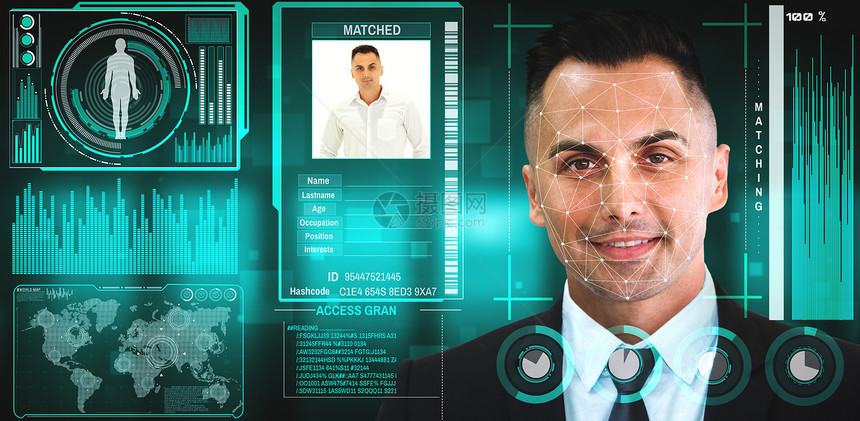 未来概念界面显示数字生物鉴别安全系统用于分析人的脸面以核实个人数据图片