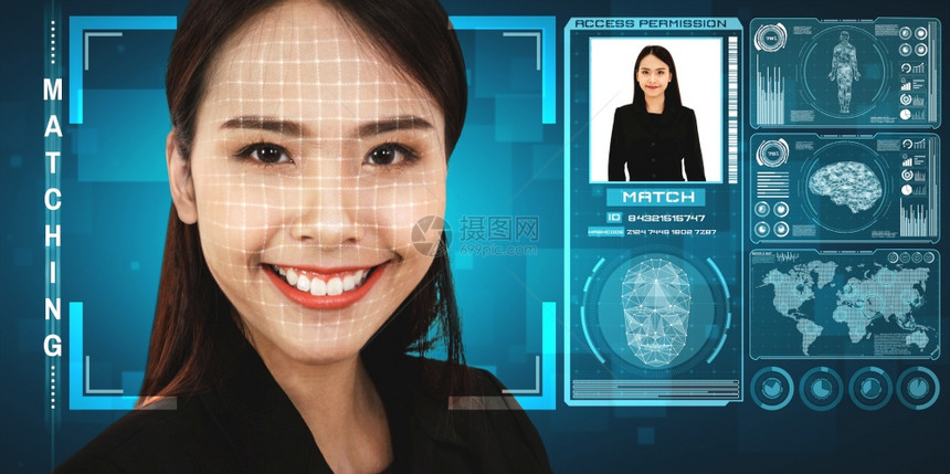 未来概念界面显示数字生物鉴别安全系统用于分析人的脸面以核实个人数据图片