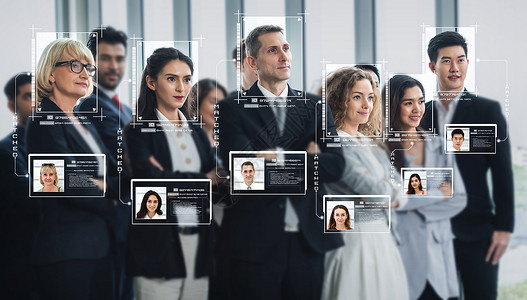 未来概念界面显示数字生物鉴别安全系统用于分析人的脸面以核实个人数据背景图片