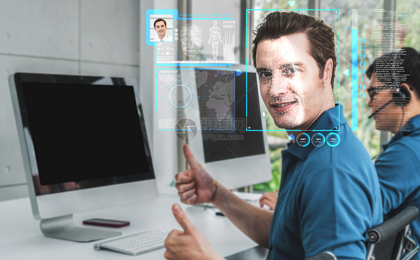 未来概念界面显示数字生物鉴别安全系统用于分析人的脸面以核实个人数据图片