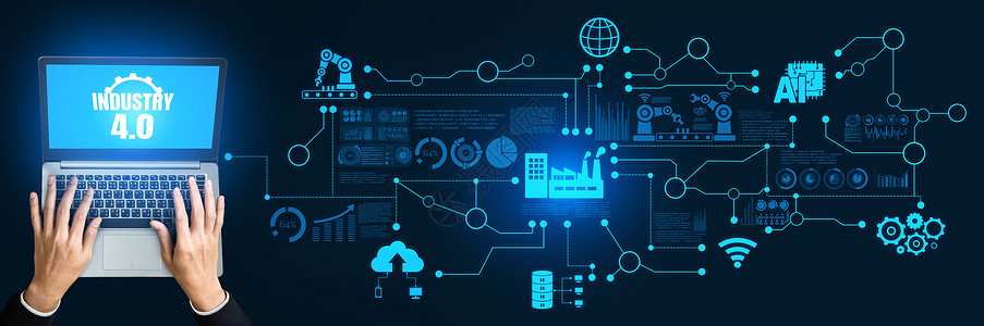 工程技术和业40智能工厂概念加上图示显自动化系统使用机器人和通过互联网络控制的自动机械工程技术和业40智能工厂概念背景图片