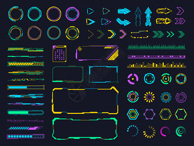 游戏素材边框界面正hu元素数字全息饱和图框架用户屏幕菜单元素未来全息图板矢量说明集彩色虚拟箭头信息边框数字全表和框架插画