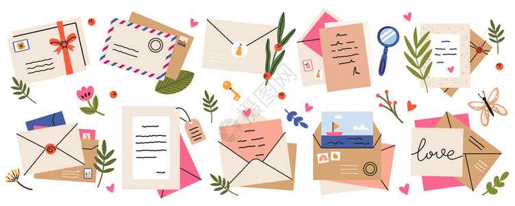 邮袋卡信封戳纸面信和邮件封可爱矢量说明贴纸和植物的爱情信息纸面封和邮件可爱矢量说明背景图片