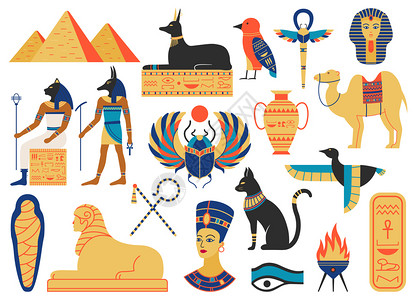 比斯科蒂埃及宗教和神话符号矢量示意图设置为彩虹甲虫斯芬克纪念碑古代环形符号神话生物金字塔和圣动物埃及宗教和神话符号矢量示意图设置为插画