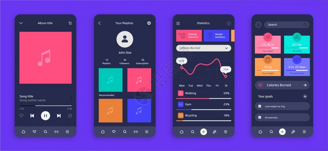 手机UI界面移动UI现实智能手机屏幕音乐和健身应用的现代界面设计音乐播放器和体育统计含有信息图和按钮的黑暗显示模型矢量集现实智能屏幕音乐和健插画