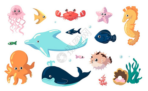 鲸鱼与海马深海动物豚鲸鱼和章鱼插画