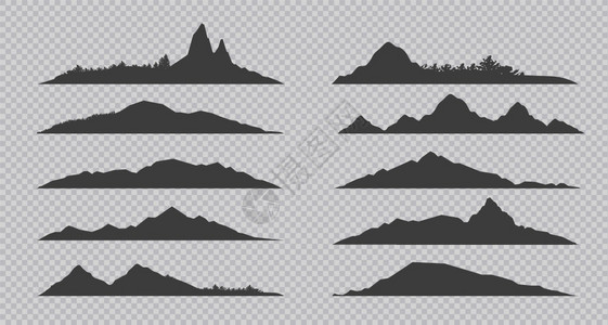 阿尔卑斯山全景山丘黑轮廓岩石和带森林的山丘以透明背景收集的轮廓地貌天空线和岩石峰锥形树的全景矢量板透明背景的轮廓地貌矢量板插画