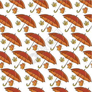 秋季红树叶和防水附属物秋季山叶和防水附属物秋季印刷带把手的阳伞平式矢量伞叶和绿雨天无缝背景图片