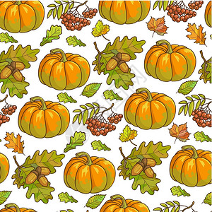 秋天蔬菜浆果和树叶无缝模式有机南瓜和草莓树枝红叶和橡子平式秋天采伐矢量红南瓜树叶和草莓无缝模式背景图片
