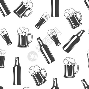 瓶装啤酒酒精饮料和泡沫玻璃杯啤酒瓶无缝模式啤酒和手工艺架吧或摊位背景饮料机构菜单的印刷品平板制的病媒啤酒杯和瓶子单色无缝模式啤酒杯和瓶子插画