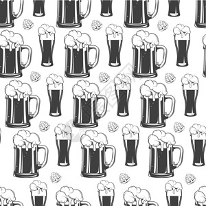 啤酒制造手绘啤酒杯无缝图案矢量卡通背景插画