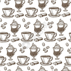 拿铁咖啡泡沫手绘咖啡饮品无缝图案矢量卡通背景插画
