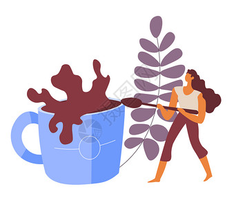 咖啡因馆服务专业咖啡师平式的叶子矢量女混合咖啡饮料和茶匙矢量图片