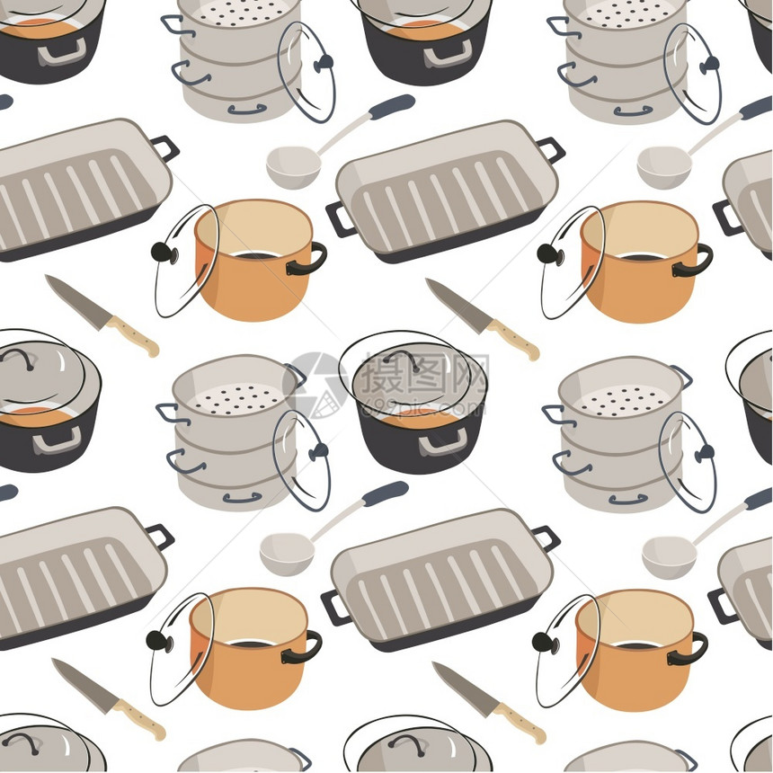 用盖子刀和勺煎锅无缝板炊具用餐和烹饪食品用餐盘准备具陶瓷炊平板式的电器矢量用盖子煎锅图片