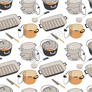 用盖子刀和勺煎锅无缝板炊具用餐和烹饪食品用餐盘准备具陶瓷炊平板式的电器矢量用盖子煎锅背景图片
