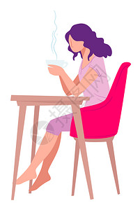 穿着衣服的女士早餐热茶饮料周末或人身隔离舒适的衣服和室内公寓式的病媒在家喝咖啡的妇女厨房角色插画