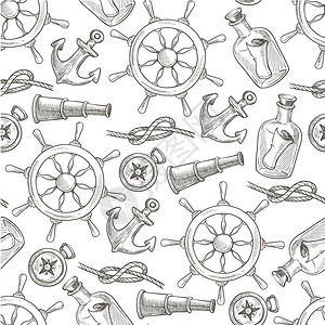 锚地航行物品带字母的玻璃瓶方向盘带结的绳索古老海上考察单色草图大纲矢量海或的航行锚和轮无缝模式插画