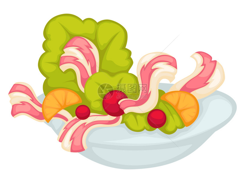 餐盘上的菜配有沙拉叶培根条樱桃西红柿和柑橘水果的孤立餐健康生活方式饮食产品低碳媒介的蔬菜或素食配方培根西红柿和叶矢量的沙拉图片