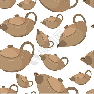 盘装月饼茶壶装有用粘土制成的餐具把手柄和盖子无缝的茶壶波特式爱好手工制造的陶瓷品液体耐久材料的厨具容器平式的干燥矢量茶壶餐具无缝模式插画