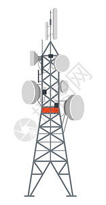 信号接收电站塔无线系统接收信号用作发器的金属孤立建造蜂窝通信结构电波和广播平坦的矢量配有盘子互联网或电话连接的塔台站插画