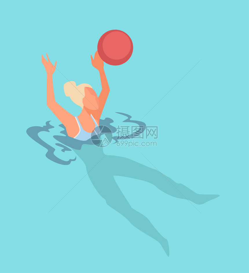 游泳池女孩打球矢量插画图片