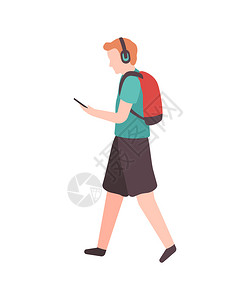 卡通男子走在街上听音乐矢量插图图片