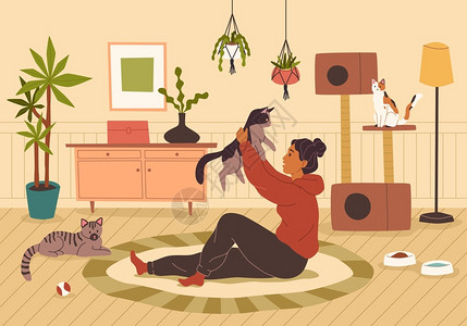 国内的猫年轻女孩和宠物猫咪在客厅玩耍插画