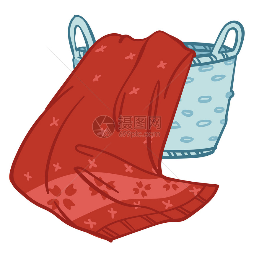 带红色毯子的大篮带红色毯的孤立容器有格子的洗衣房或家用纺织品的储藏空间软布或地毯温暖和住宅式的气图片