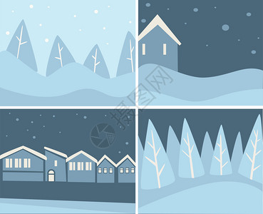 北欧建筑风景雪和花的风景城市观森林和建筑物覆盖着雪城镇或村庄的暴风雪景圣诞节时间的天空平式矢量冬季风景和带有雪花矢量的城市风景插画