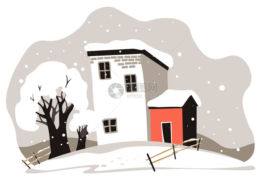 农村地区有栅栏和谷仓冬季节风景郊区或农村的Blizzard平式病媒冬季城市风景房屋和树木被雪覆盖图片