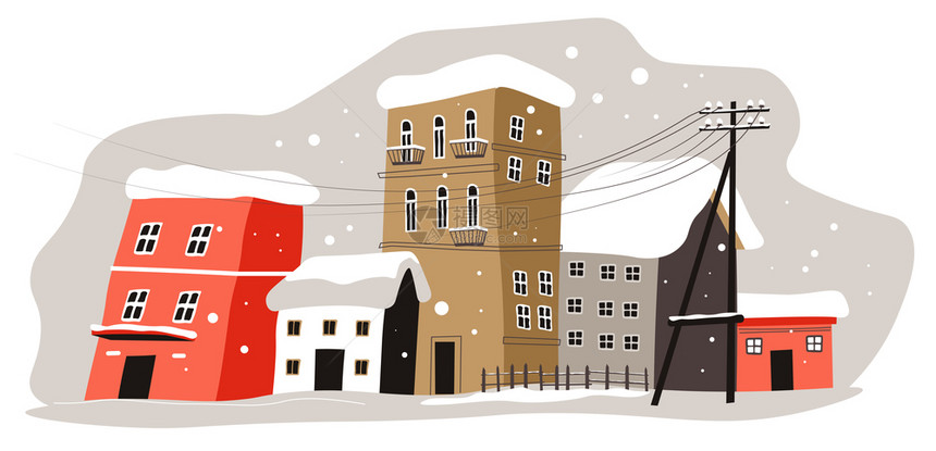 冬季城市风景有雪球暴和被覆盖的建筑物城市街道有暴雪12月的天线冬季景色平式病媒冬季城市风景有被雪覆盖的建筑物图片