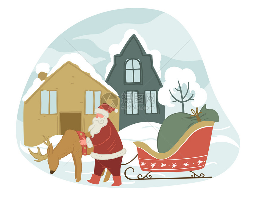 外祖父用驯鹿冰冻在冬季城市滑雪欢迎新年和季节日庆祝活动城市风景屋顶有雪向量平式的圣诞老人和驯鹿在冬季城市有雪橇图片