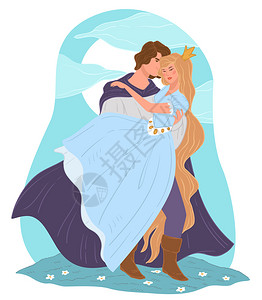 皇室公主王子抱着公主亲吻和拥抱新娘书中幻想故事的男女皇室的士和绅平凡的矢量体王子抱着公主浪漫情侣童话插画