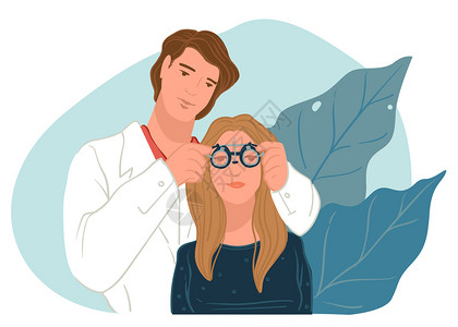 成人眼镜观察Oculist的视力专业眼科医生的护理选择视觉人眼镜的专家在医生预约病人光学检查平板式的矢量眼科医生的检查插画