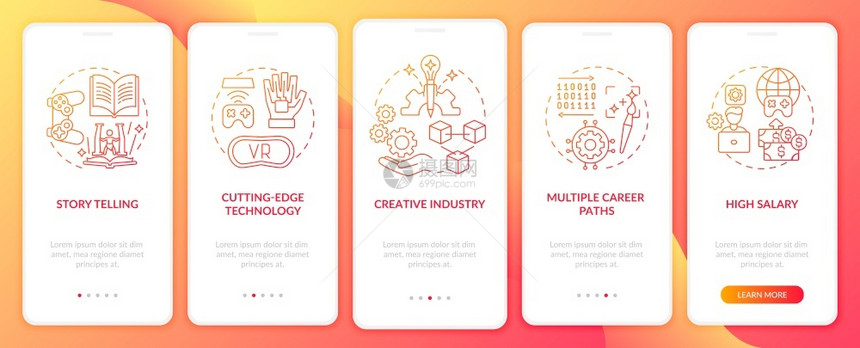 带概念的移动应用程序页面屏幕上登移动应用程序页面屏幕上游戏设计行业的好处多职业道路横穿5步图形说明配有RGB颜色插图的UI矢量模图片
