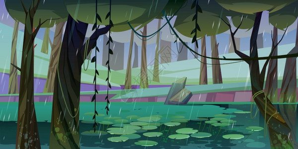 卡通矢量图森林中的雨与沼泽湖泊自然景观背景图片