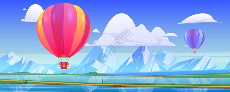 水飞热气球在山地上飘扬矢量插画插画