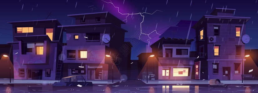 城市闪电夜雨中的破旧住宅插画