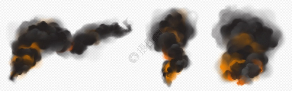 黑烟云有来自火的橙色背光黑烟云矢量真实的黑暗热雾流燃烧火焰的烟雾在透明背景中隔绝的火焰烟雾黑云有来自火的橙色背光插画