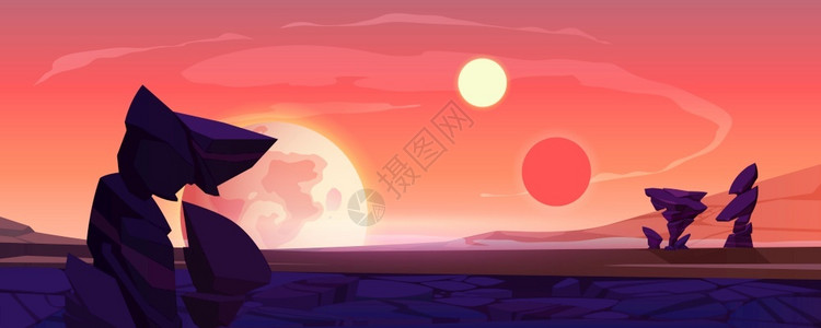 红色日落沙漠外星计算机游戏背景卡通矢量插图外星行景观黄昏或黎明沙漠表面有山脉岩石卫星和两颗太阳照耀橙色天空插画