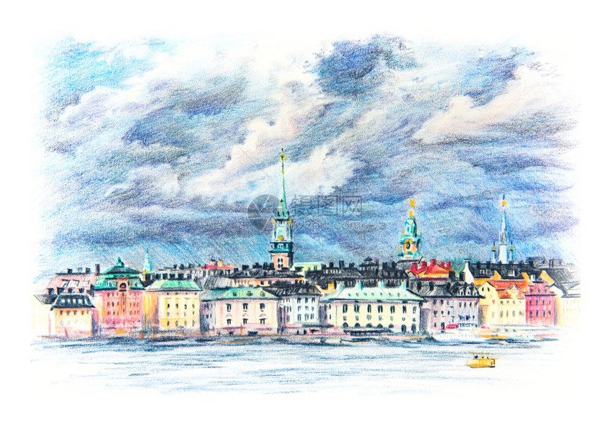 RiddarholmenGamlaStan瑞典斯德哥尔摩老城瑞典斯德哥尔摩的GamlaStan的专有铅笔草图图片