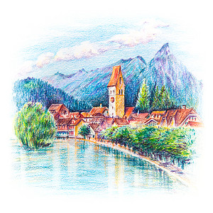瑞士因特拉肯旧城教堂和河流图片
