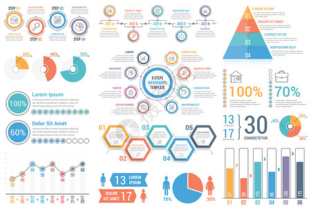 指示器商业和演示文稿的制图要素百分比时间表条形和线图表金字塔圆图饼矢量eps10插图插画