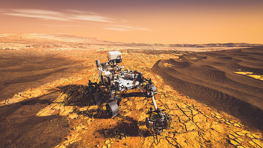 火星漫游者火星探索飞行任务中的无人驾驶越野飞行器穿透星地面3D插图背景
