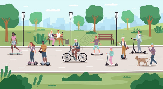 公园滑板生态城市交通不同年龄的男女使用电动摩托车自行梯子和滑板生态城市车辆现代移动方法病媒卡通概念公共园人员男女使用电动摩托车矢量卡通概插画