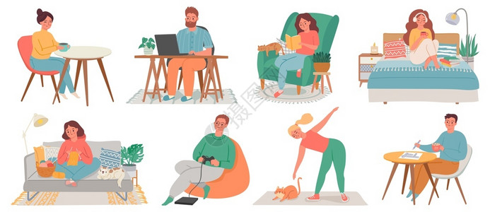 咖啡概念男人和女在家里男和女在室内休息工作锻炼和爱好隔离字符留在家庭概念矢量组妇女和男子在室内公寓放松插图男人和女在家里放松室内运动和爱插画