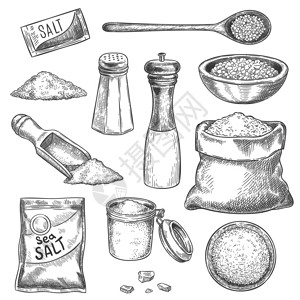 海盐配有香料和调味的草药加工厂配有供烹饪用的机盐水晶罐子勺和袋装有病媒的海盐素描用于烹饪的勺子厨房配有香料和调味的砂子加工厂装有背景图片