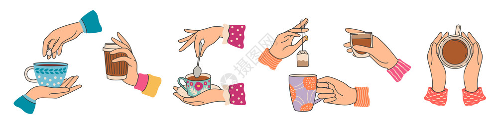 拿铁锹的人握着茶杯的手配有咖啡或可的高级女手酿茶袋早餐热饮和料流行病媒组合说明茶饮和咖啡带或可的高级女手流行病媒组合插画