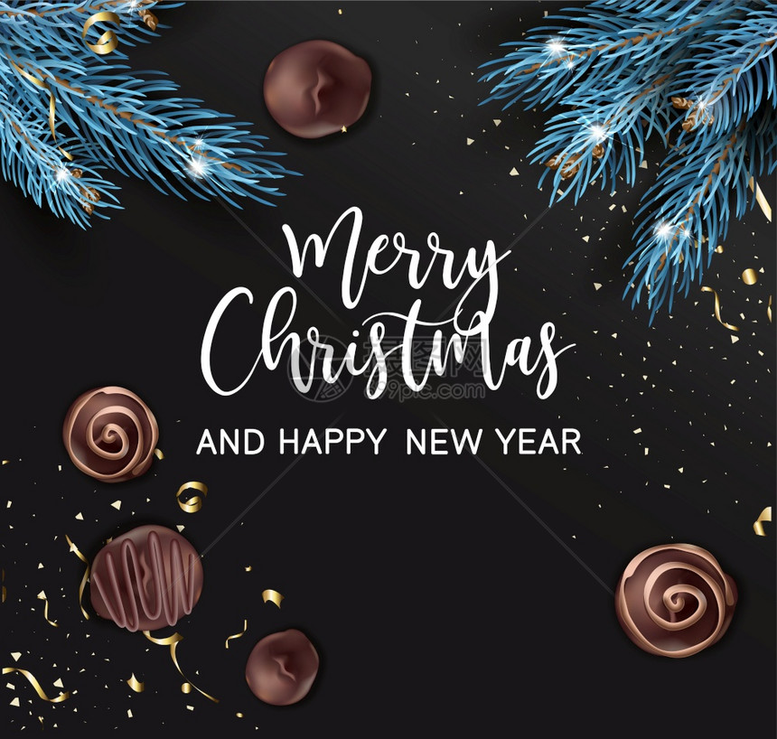 长着松树枝和甜巧克力糖果的贺卡金色木偶和装饰书法写庆祝冬季假日Xma现实的明信片平板式的矢量圣诞快乐和新年松甜点图片